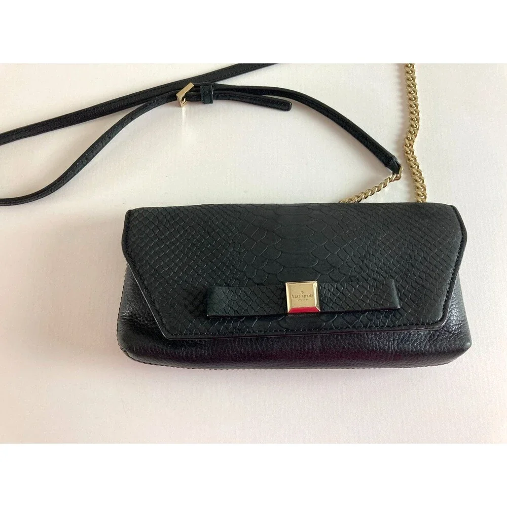 Kate Spade New York Black Pebbled Leather Crossbody Bag Gold Chain Strap Snake